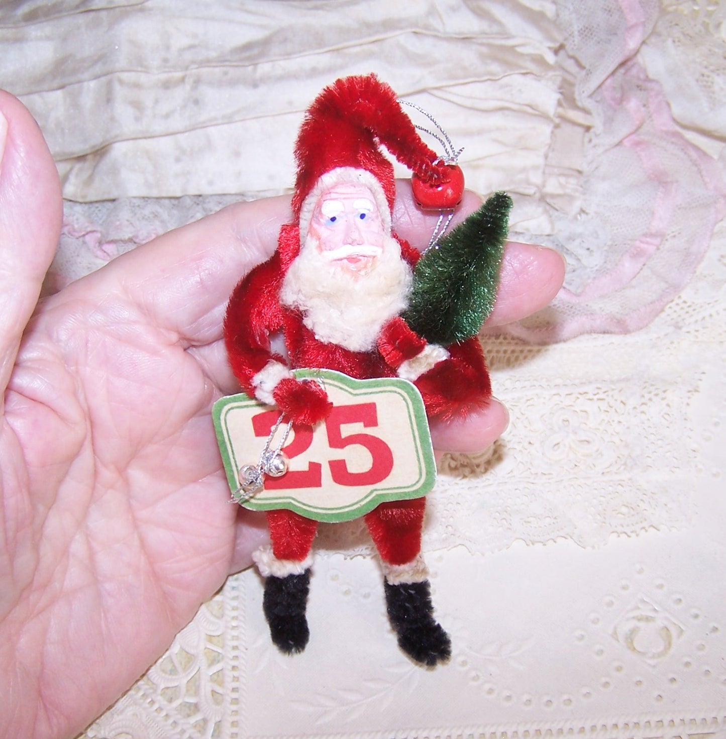 December 25 Christmas Ornament - Chenille Santa Claus Carrying Tree