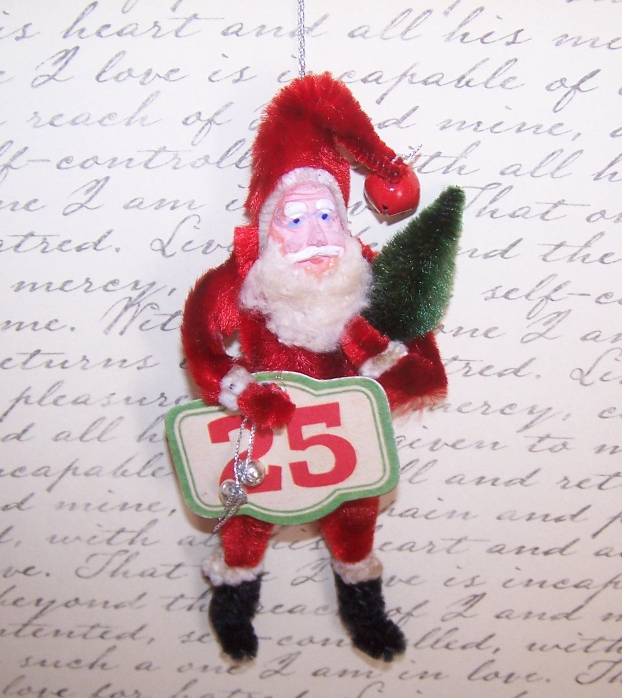 December 25 Christmas Ornament - Chenille Santa Claus Carrying Tree