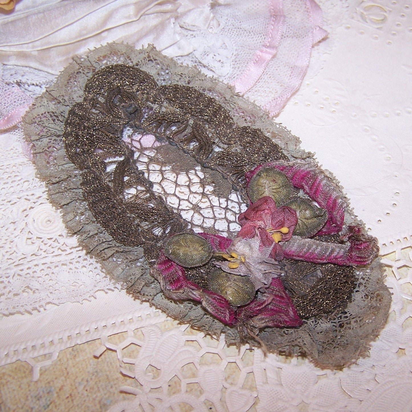 Antique French Ribbonwork Embellishment - Ombre Ribbon Roses and Leaves