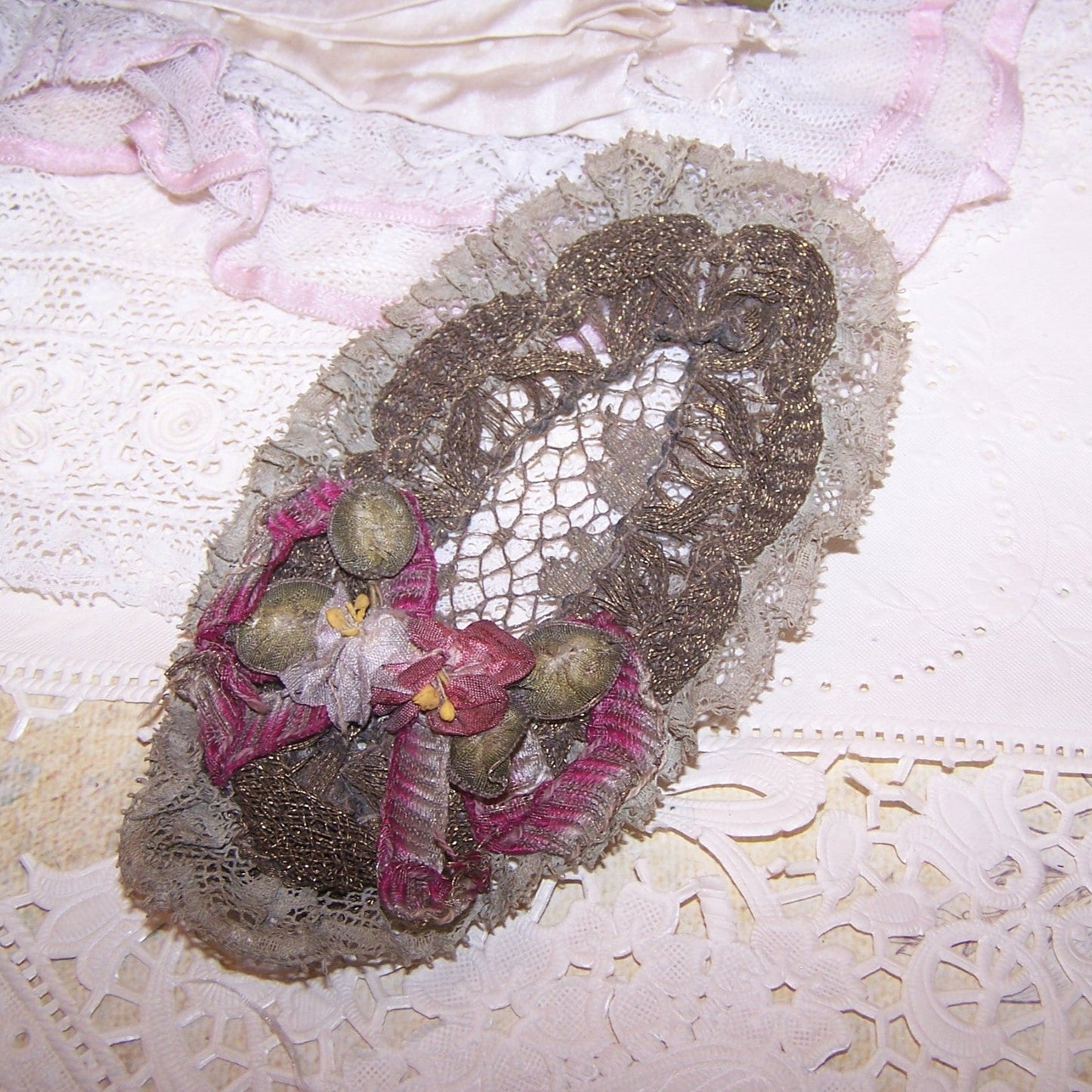 Antique French Ribbonwork Embellishment - Ombre Ribbon Roses and Leaves