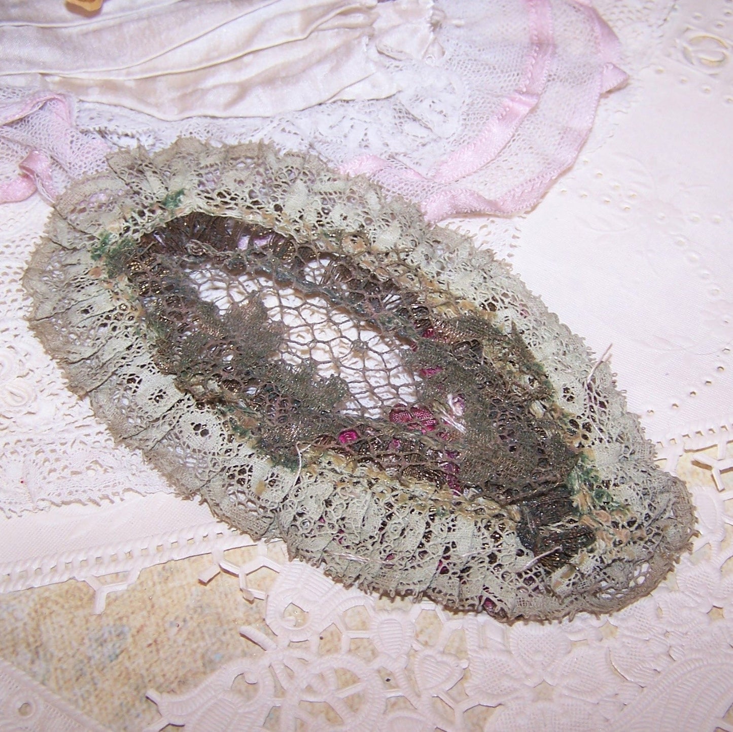 Antique French Ribbonwork Embellishment - Ombre Ribbon Roses and Leaves