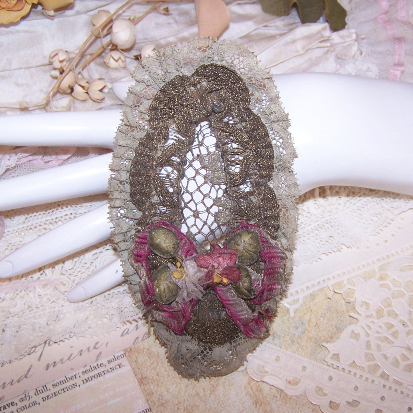 Antique French Ribbonwork Embellishment - Ombre Ribbon Roses and Leaves