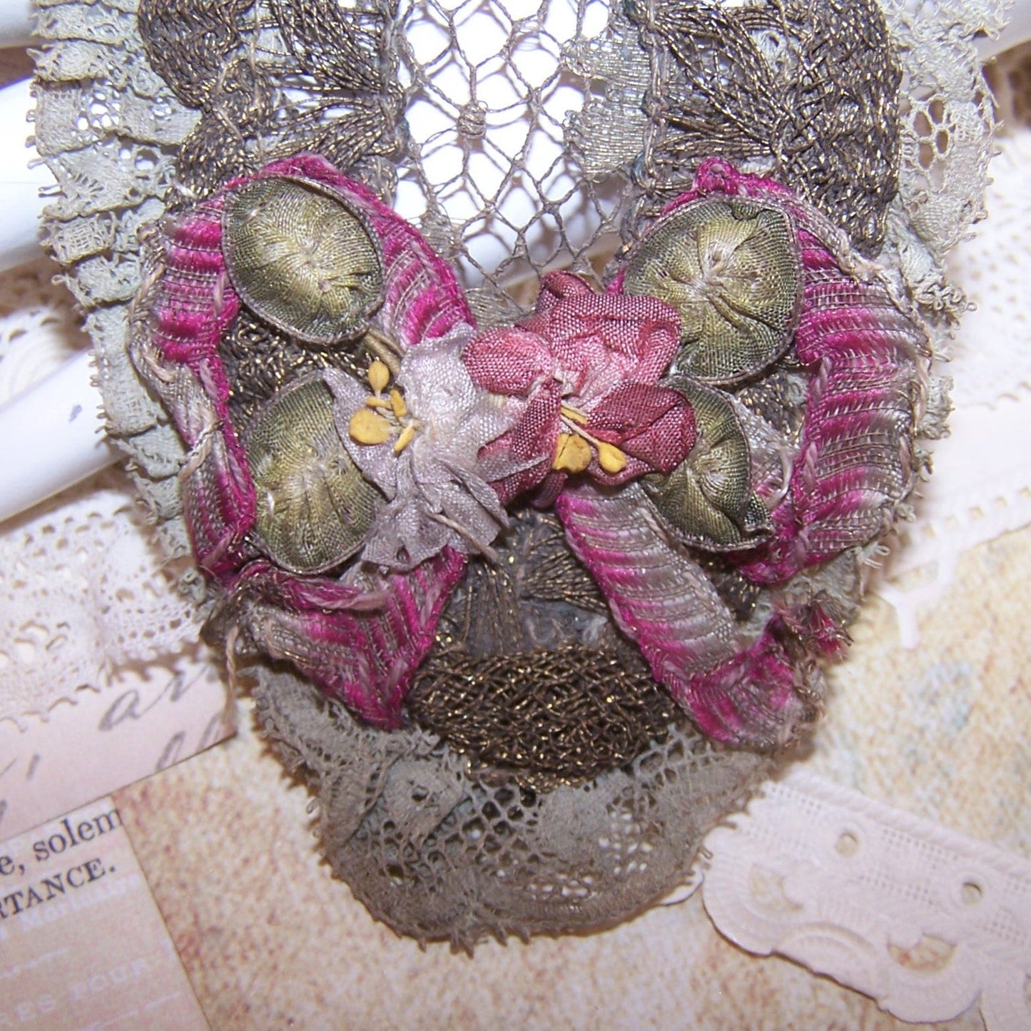 Antique French Ribbonwork Embellishment - Ombre Ribbon Roses and Leaves