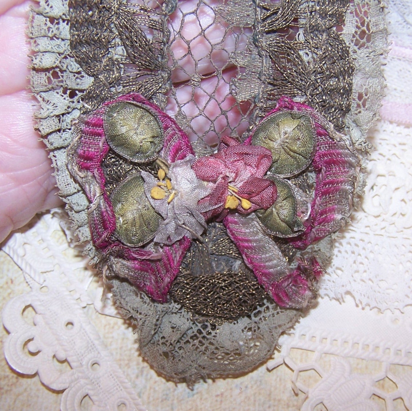 Antique French Ribbonwork Embellishment - Ombre Ribbon Roses and Leaves