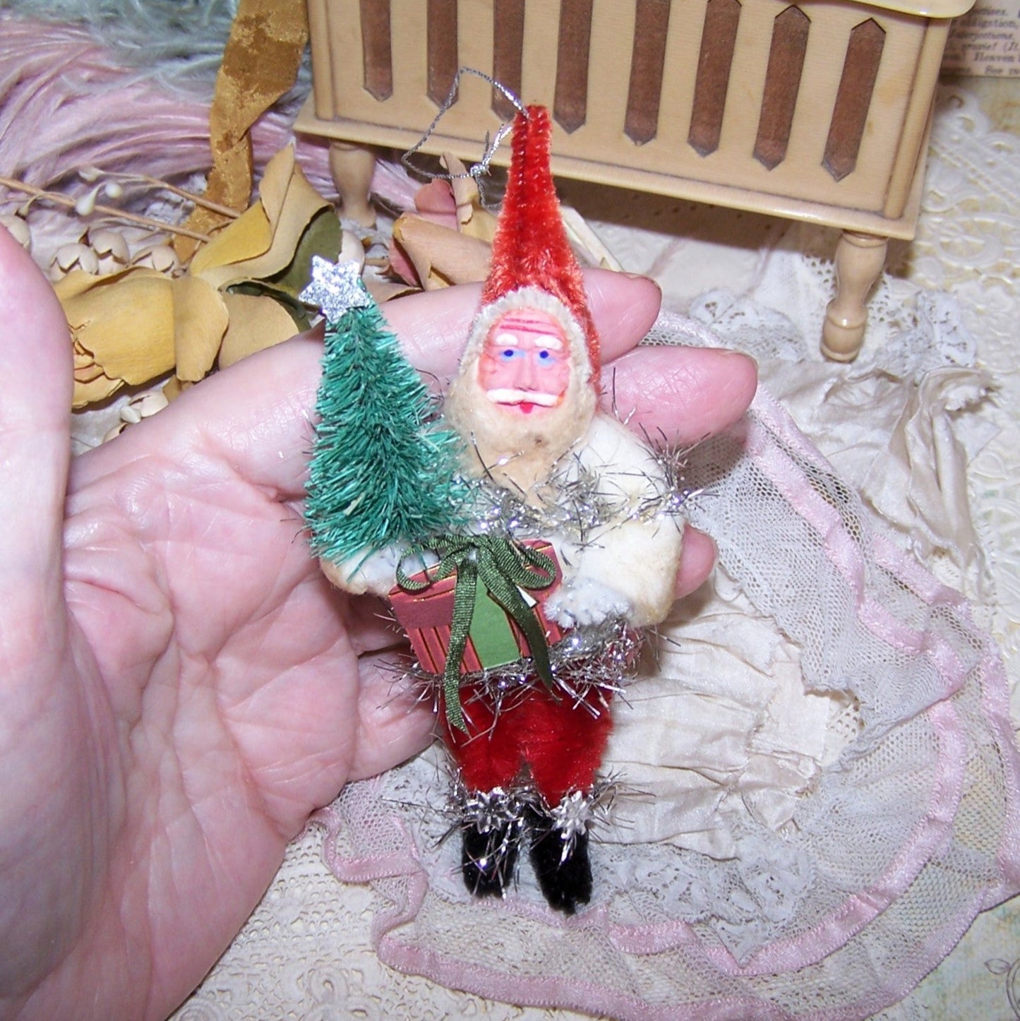 Chenille Christmas Ornament - Santa Claus with Tinsel & Tree