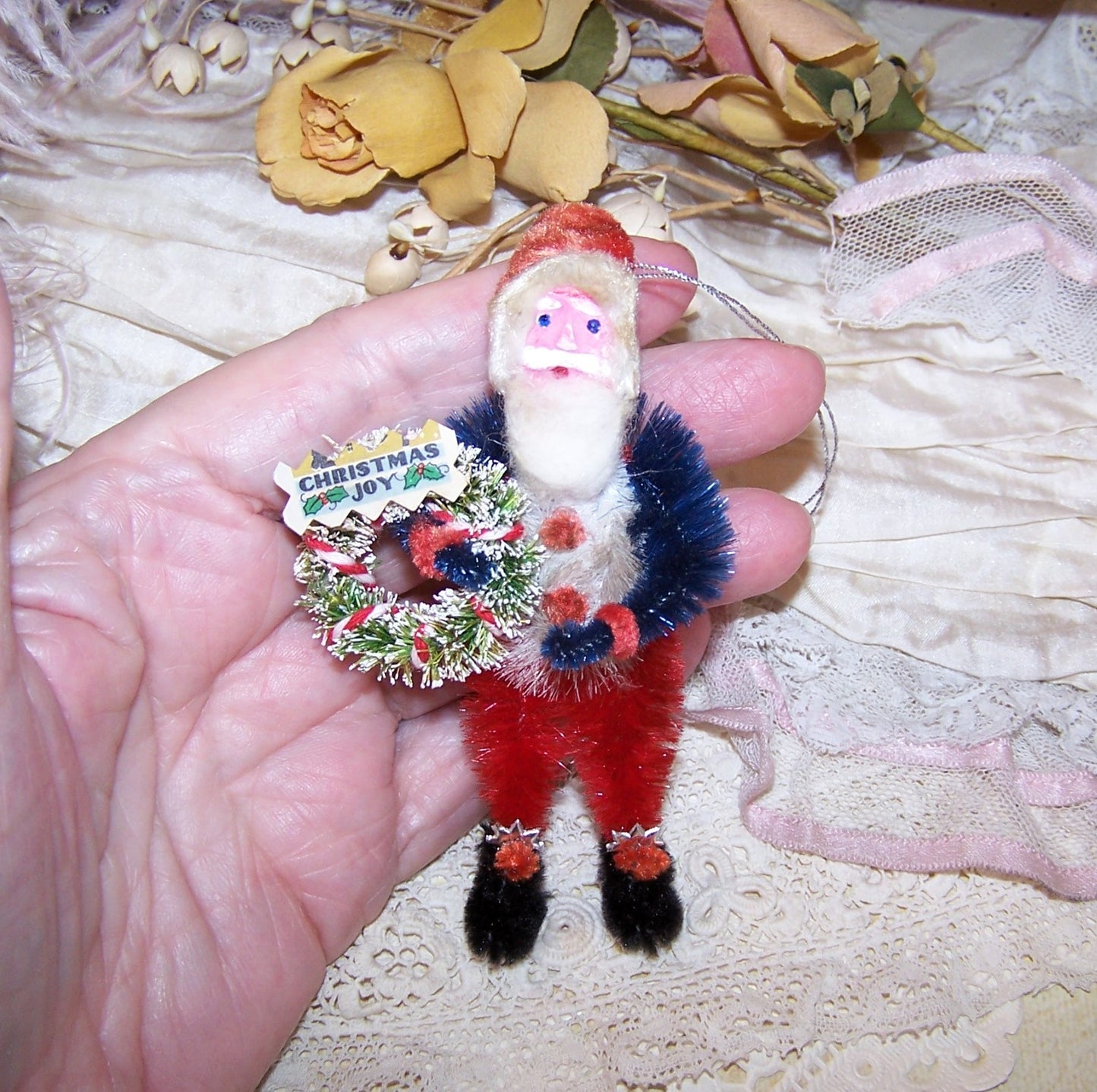 OOAK Patriotic Chenille Christmas Ornament | Red White Blue Santa Claus
