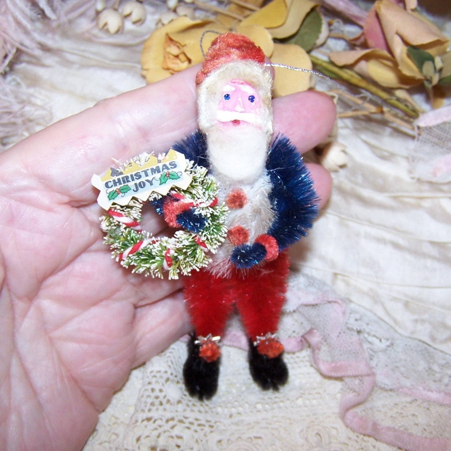 OOAK Patriotic Chenille Christmas Ornament | Red White Blue Santa Claus