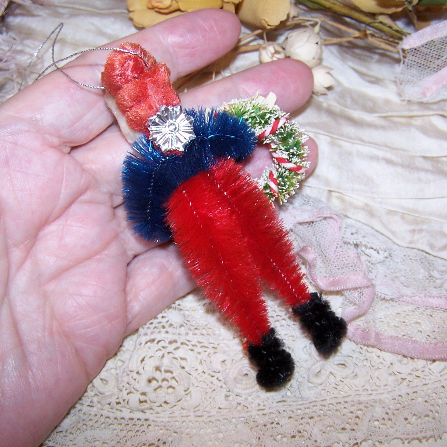 OOAK Patriotic Chenille Christmas Ornament | Red White Blue Santa Claus