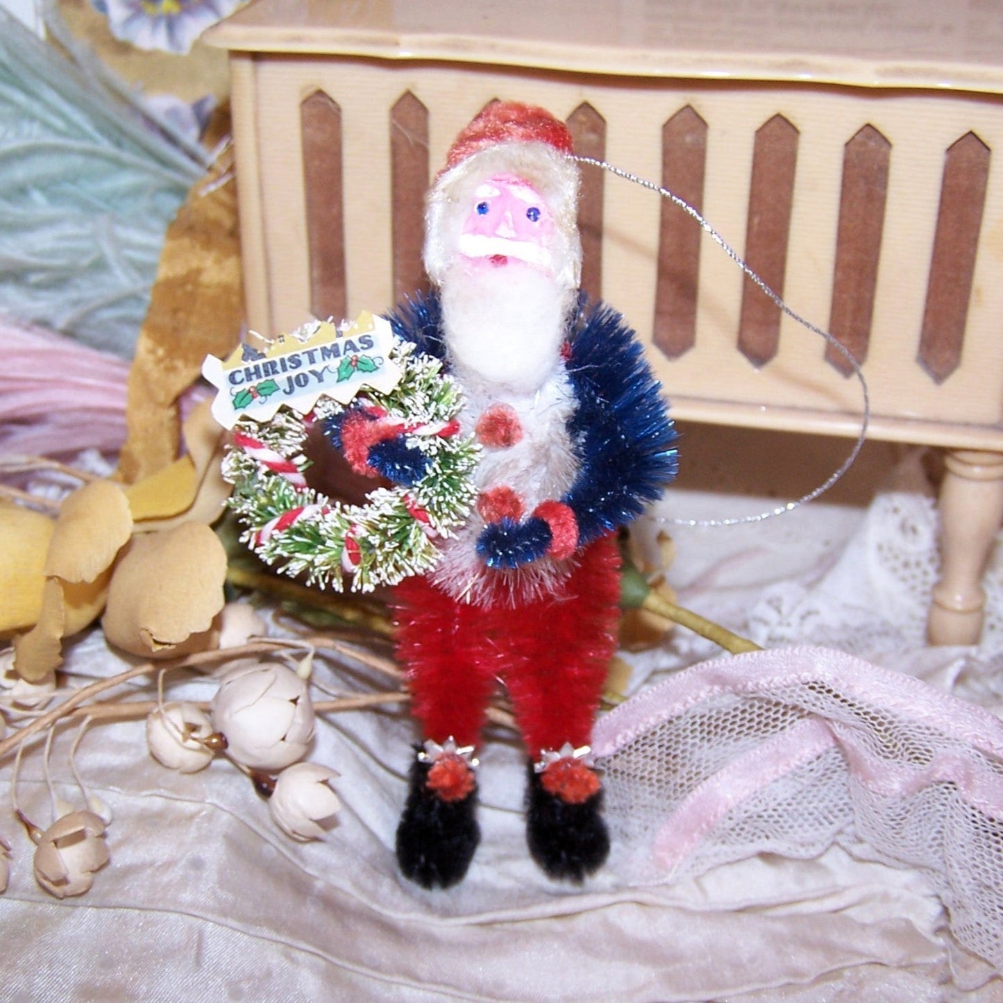 OOAK Patriotic Chenille Christmas Ornament | Red White Blue Santa Claus