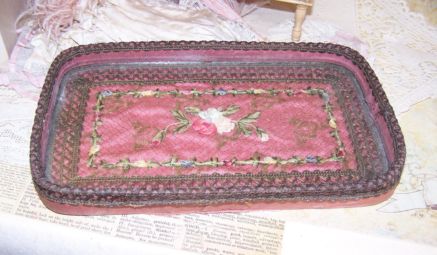 French Art Deco Boudoir Glass Tray. Rose mauve fabric overlaid with French gold braid, rococo ribbon and handmade ribbonwork flowers. Shabby Chic look.