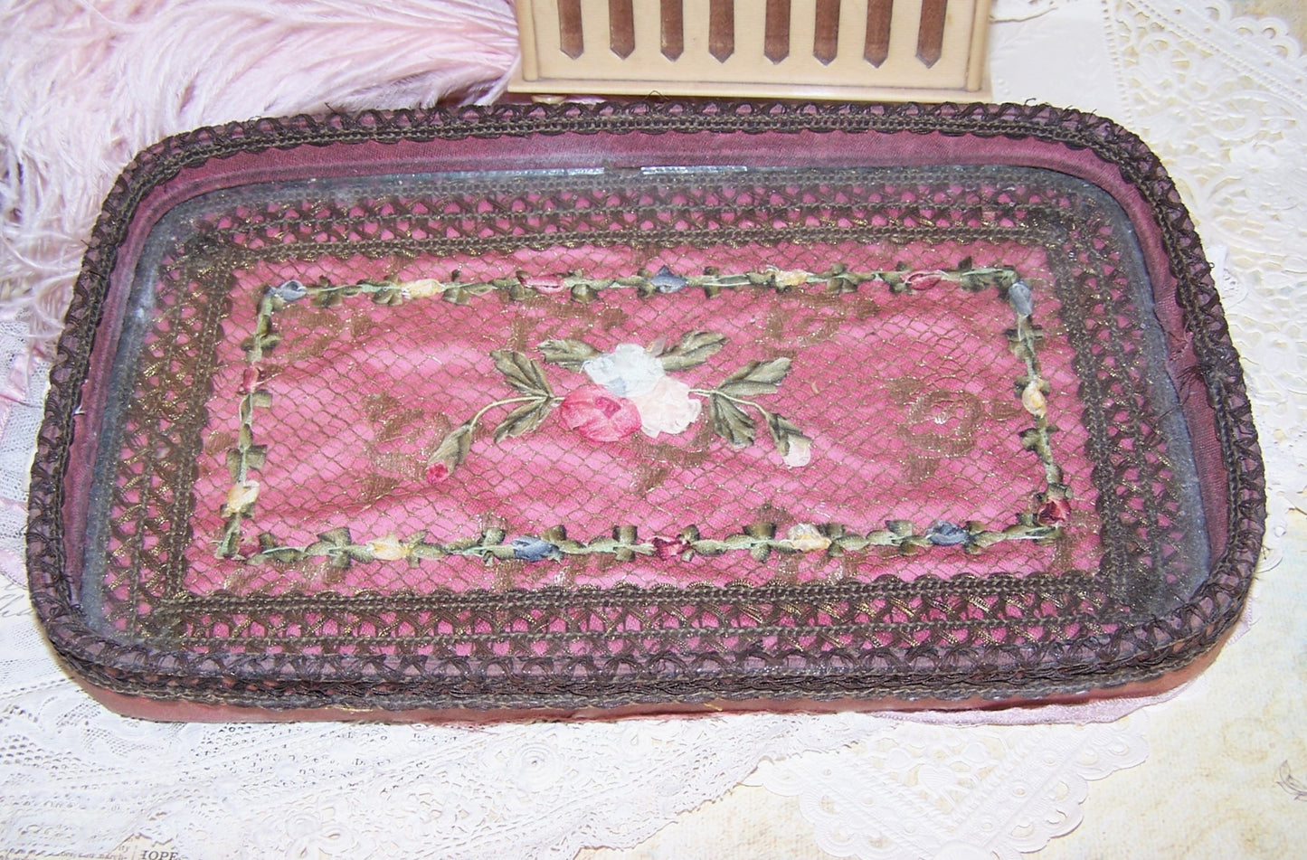 Antique French Ribbonwork Boudoir Tray with Rococo Ribbon Trim