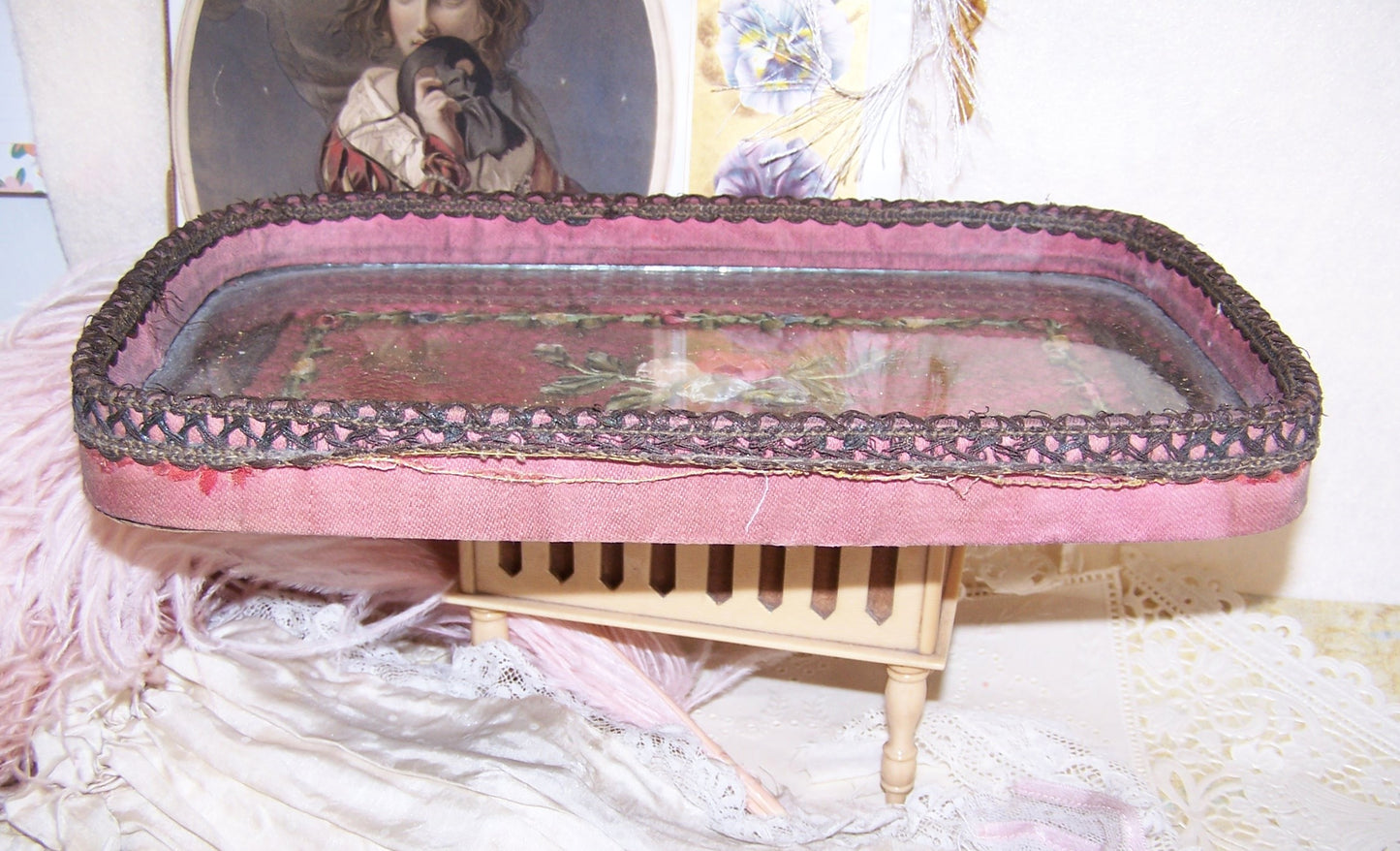 Antique French Ribbonwork Boudoir Tray with Rococo Ribbon Trim