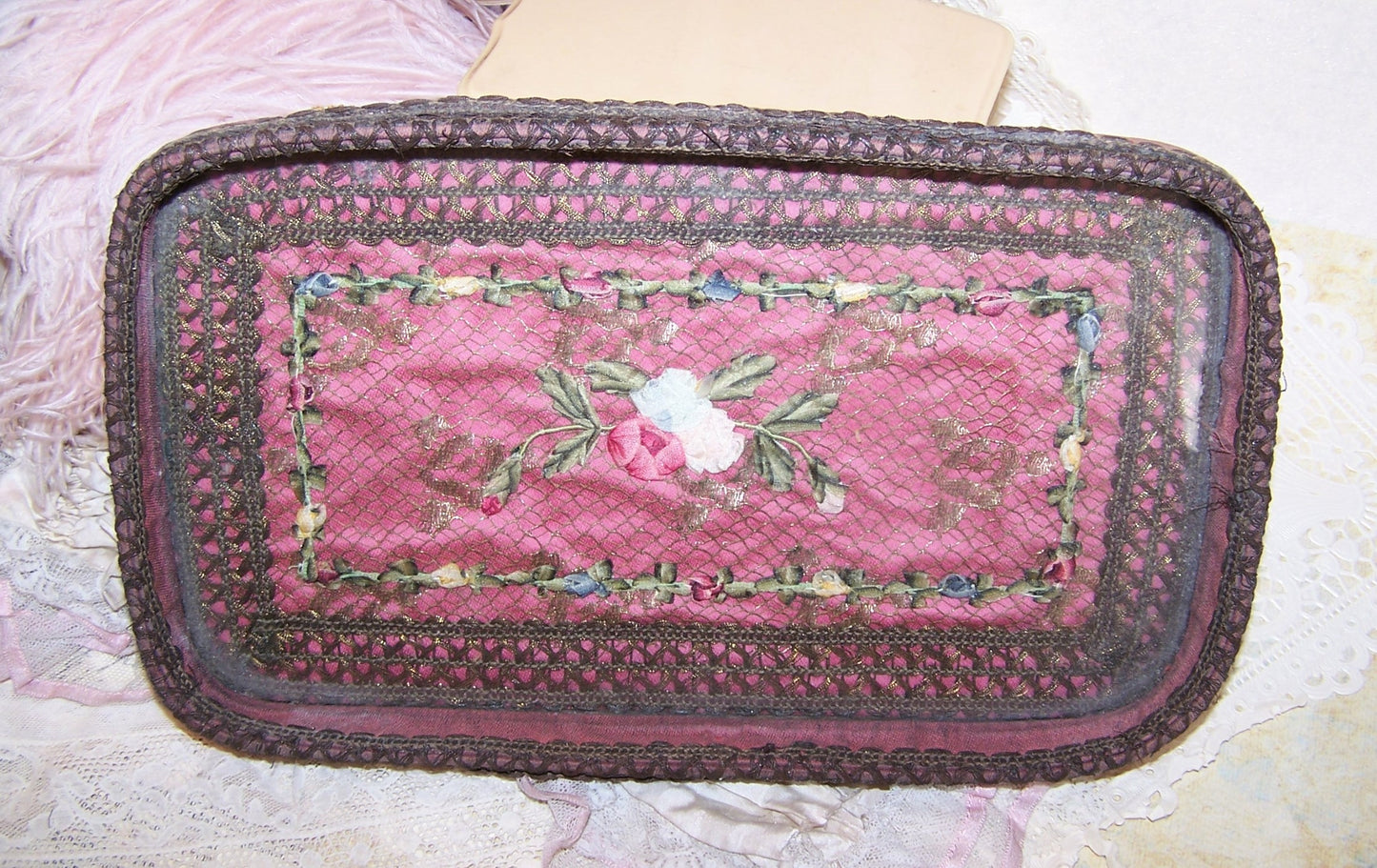 Antique French Ribbonwork Boudoir Tray with Rococo Ribbon Trim