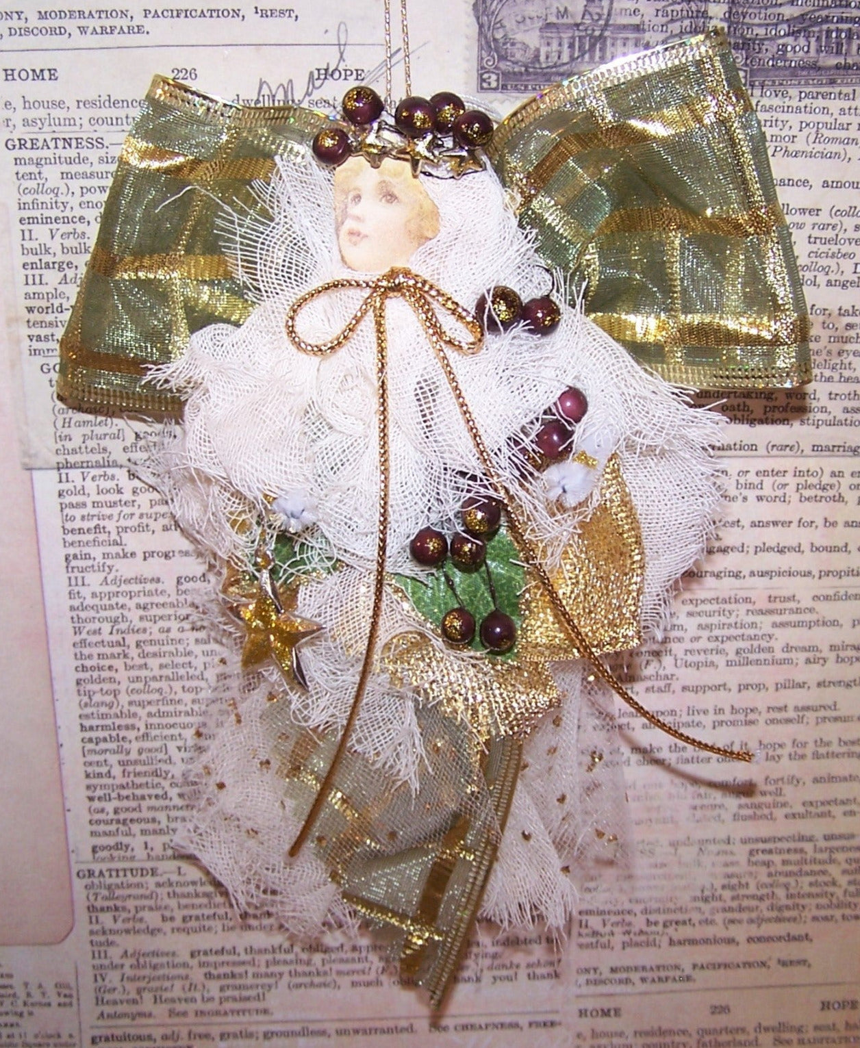 Victorian Revival Mixed Media Angel Christmas Ornament | Olive Green & Gold