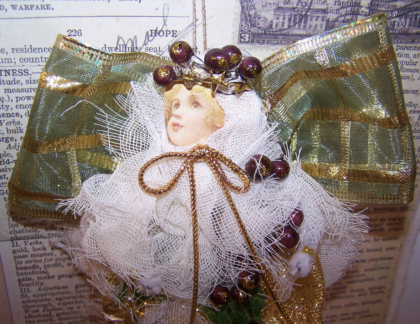 Victorian Revival Mixed Media Angel Christmas Ornament | Olive Green & Gold