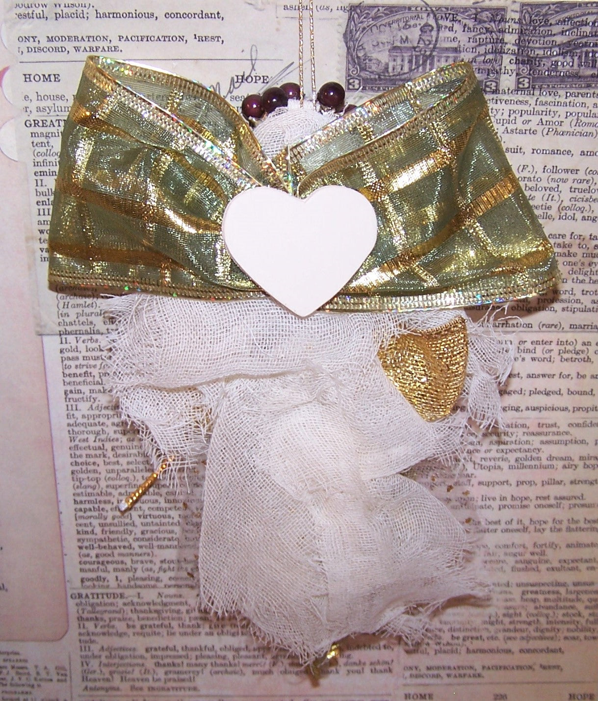 Victorian Revival Mixed Media Angel Christmas Ornament | Olive Green & Gold