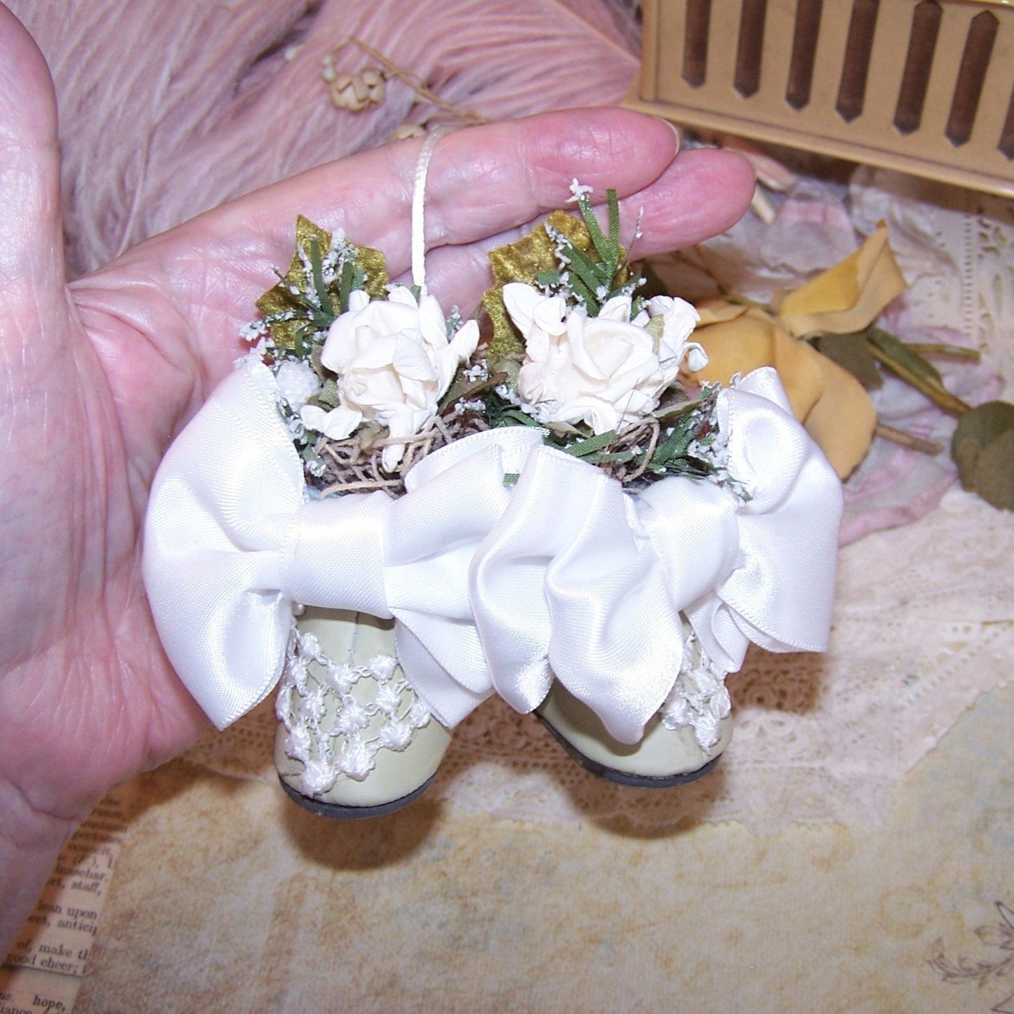 Wedding Gift or Table Favor - Decorated Doll Shoes in White