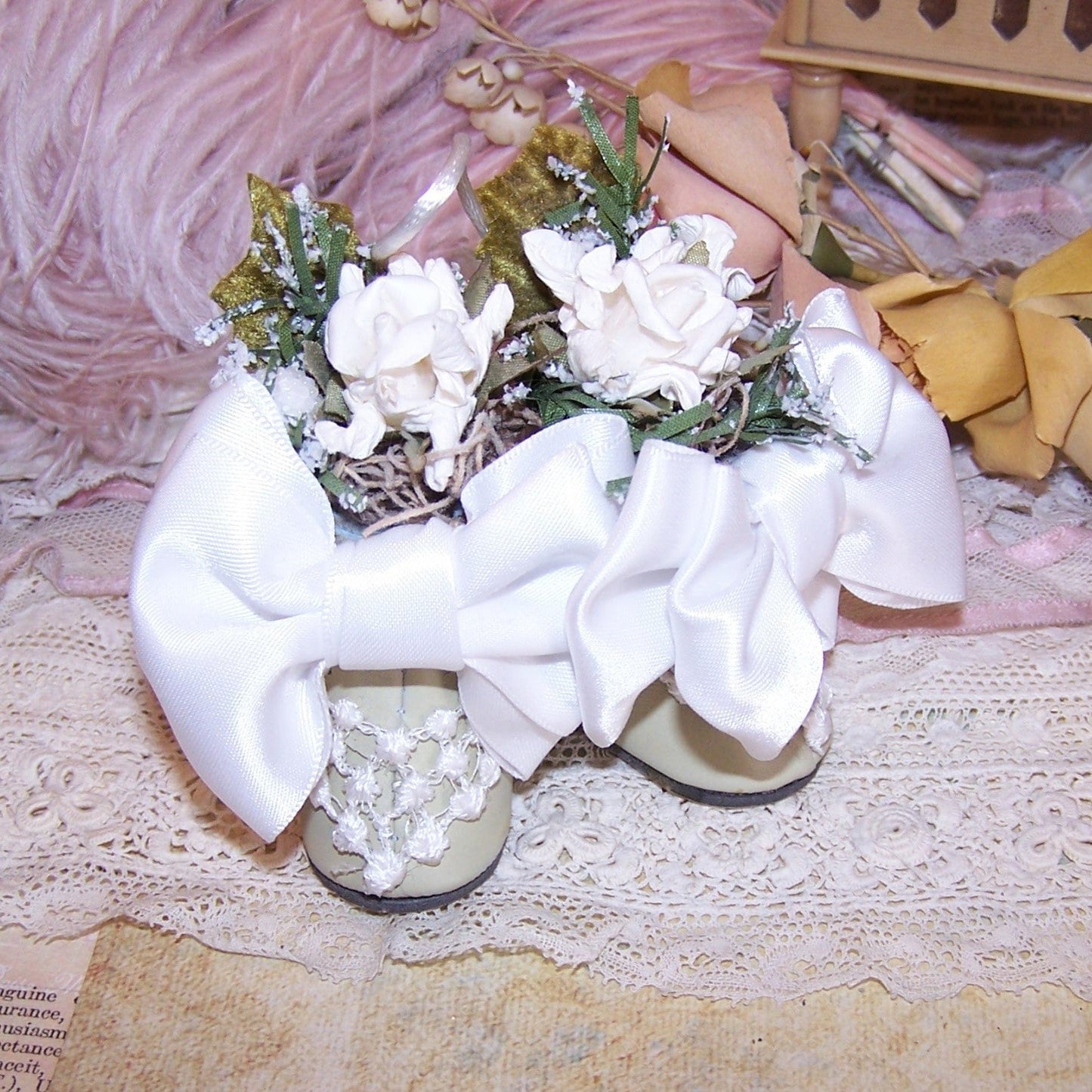 Wedding Gift or Table Favor - Decorated Doll Shoes in White