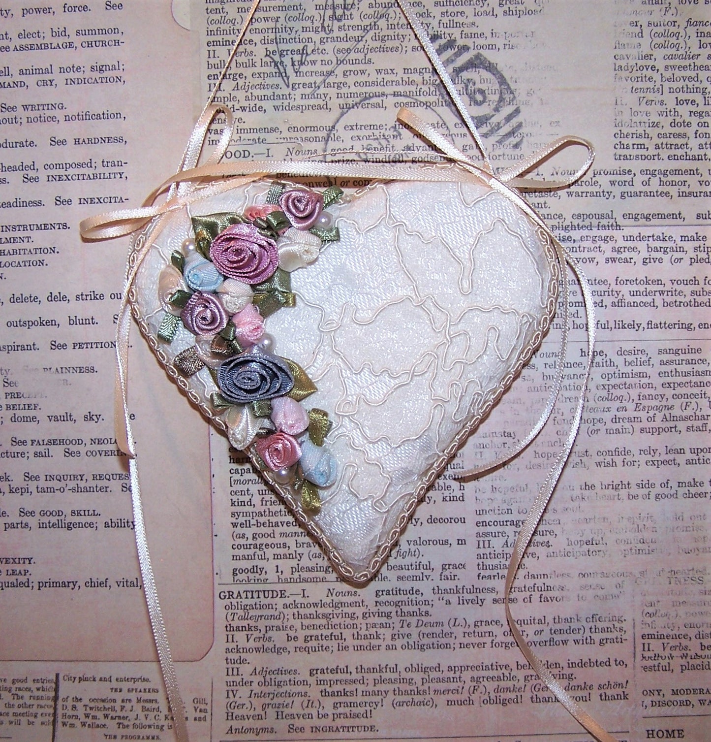 Cream Brocade and Ribbon Rose Heart Ornament - Mauve & Blue Tones