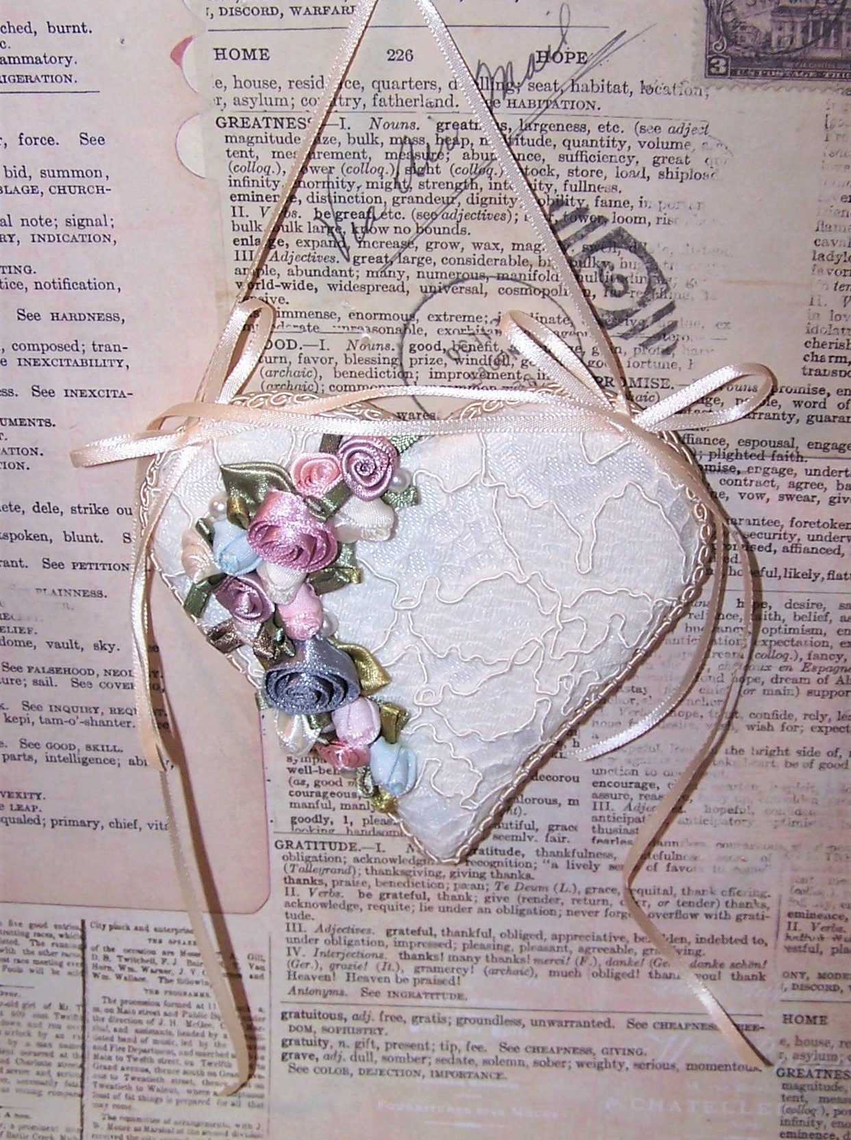 Cream Brocade and Ribbon Rose Heart Ornament - Mauve & Blue Tones