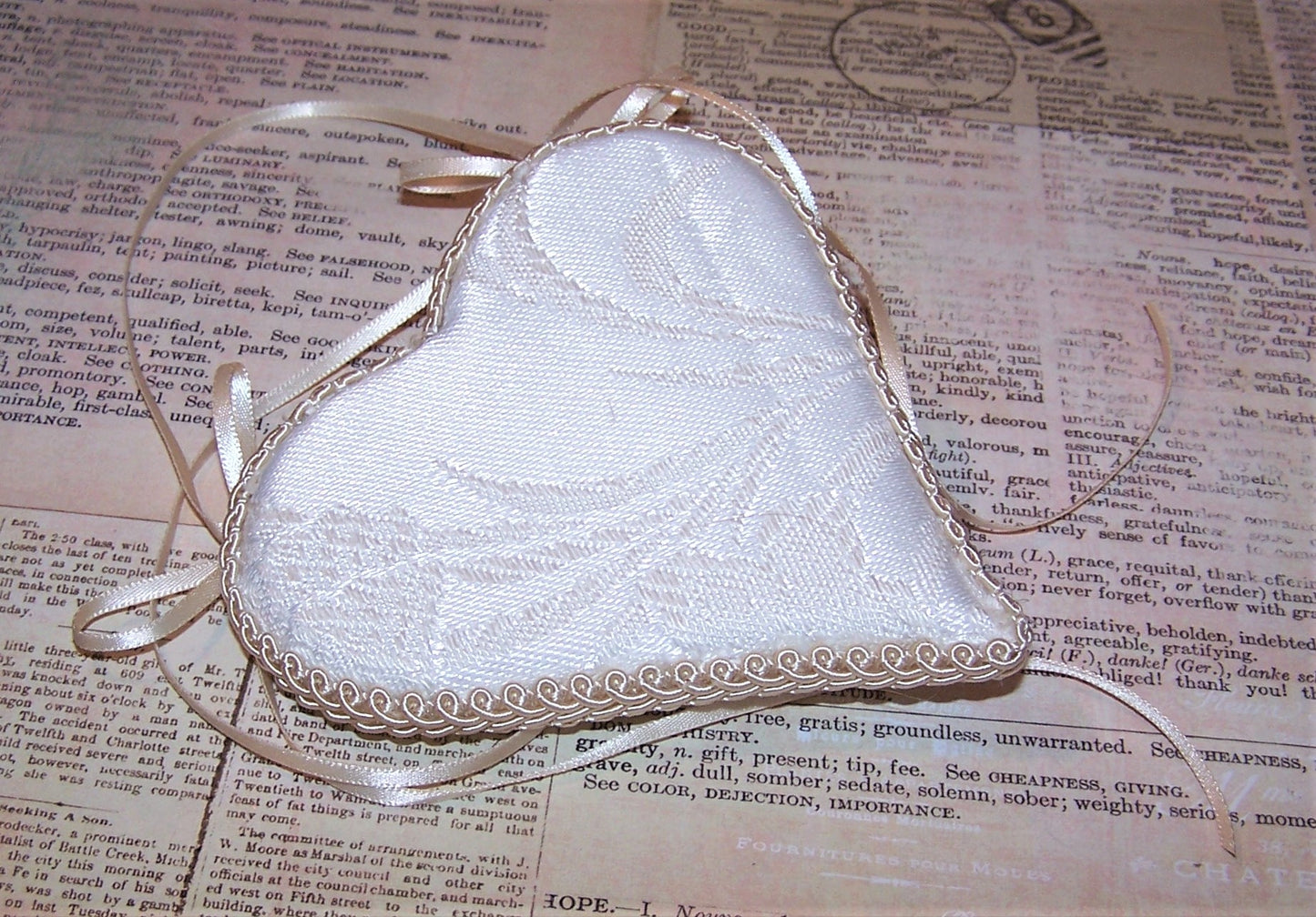 Cream Brocade and Ribbon Rose Heart Ornament - Mauve & Blue Tones