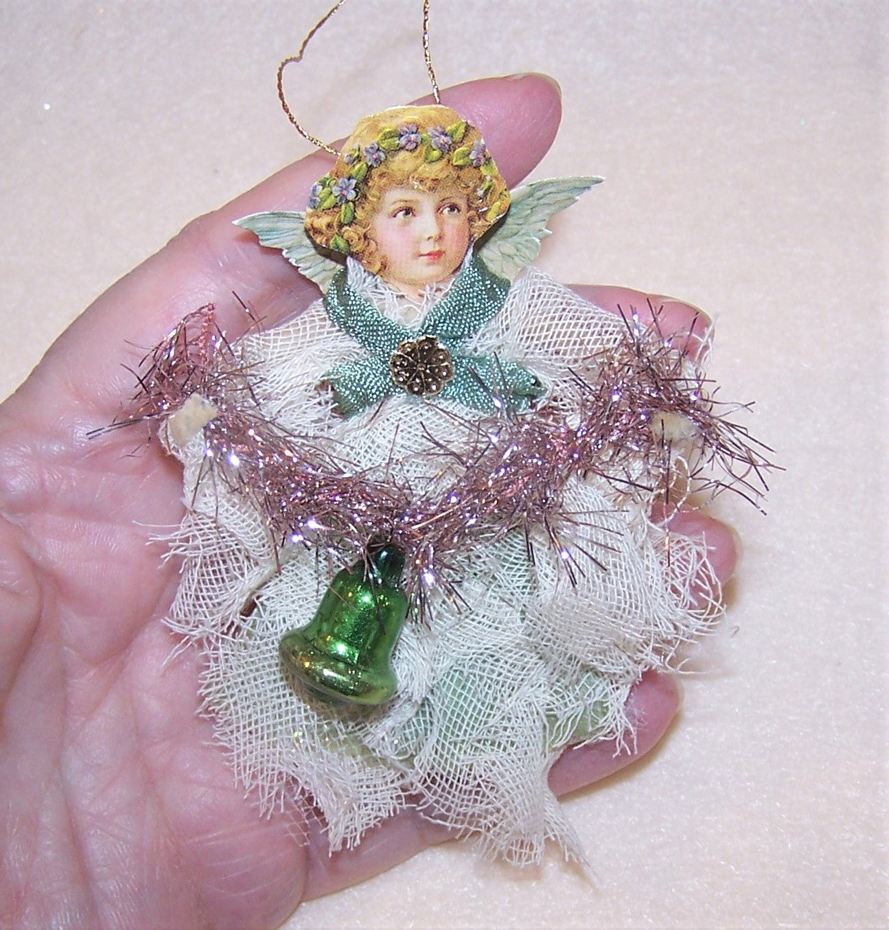 Victorian Revival Mixed Media Holiday Ornament - Angel with Bell