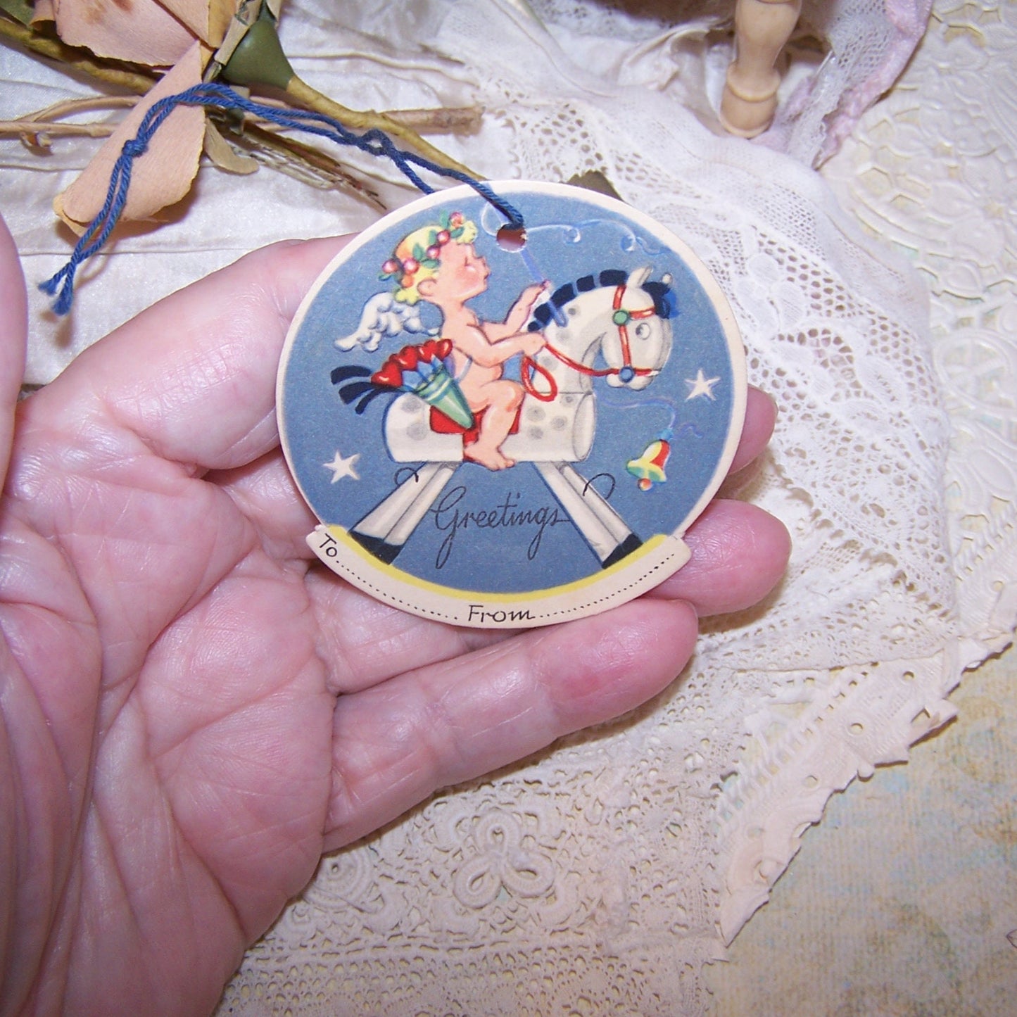Unused Art Deco Christmas Package Gift Tag | Angel Riding Rocking Horse