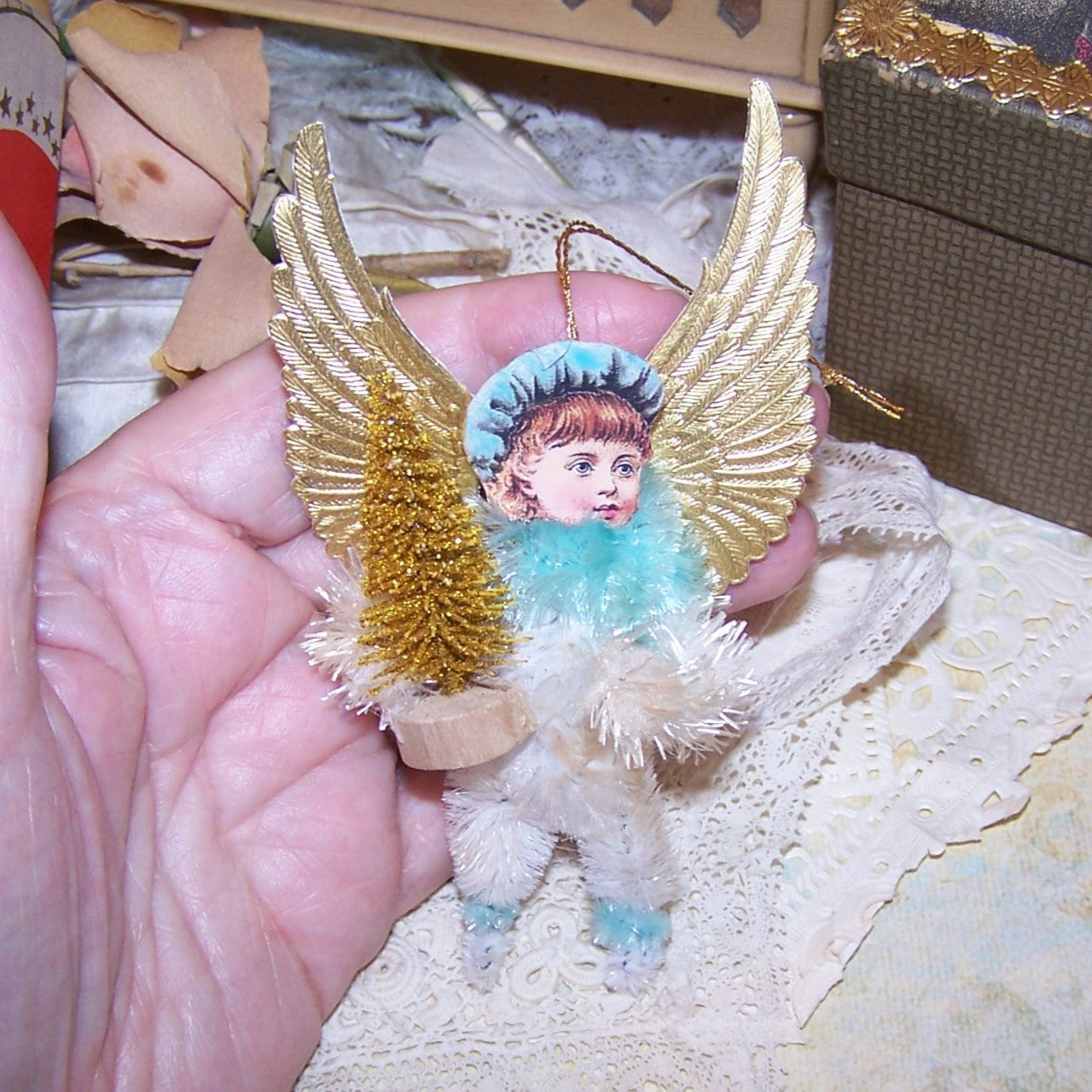 Victorian Revival Mixed Media Holiday Ornament - Gold / Blue Angel