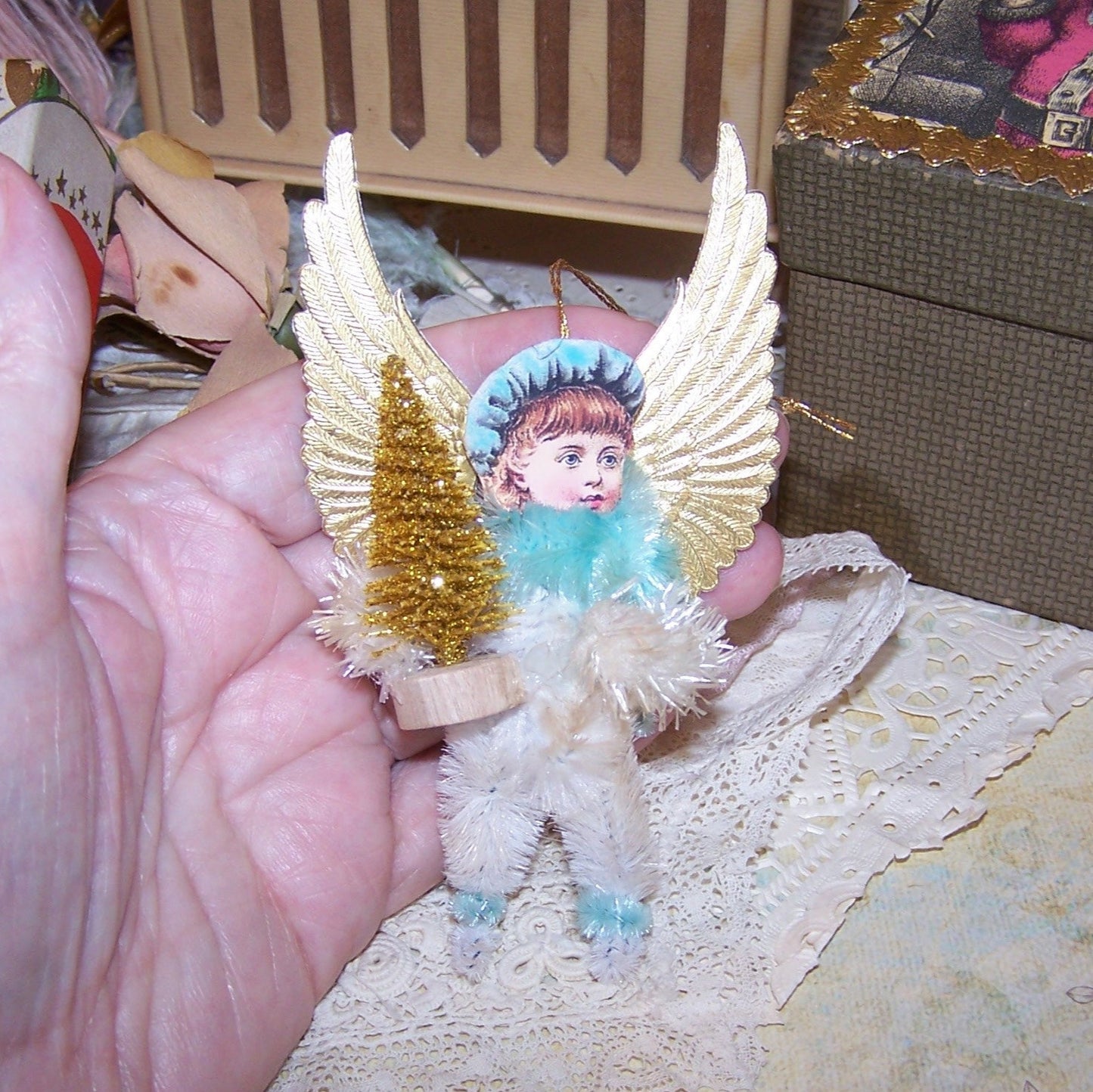 Victorian Revival Mixed Media Holiday Ornament - Gold / Blue Angel