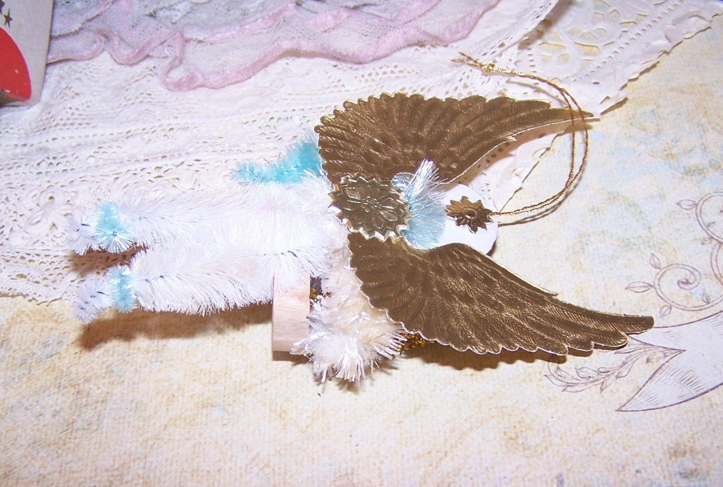 Victorian Revival Mixed Media Holiday Ornament - Gold / Blue Angel