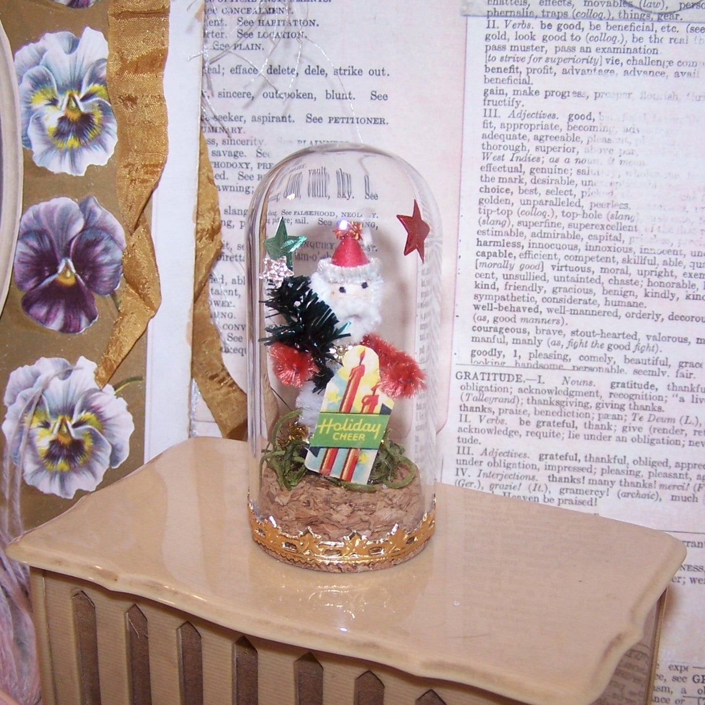 Vintage Japan Chenille Santa Claus Under Glass Christmas Decoration