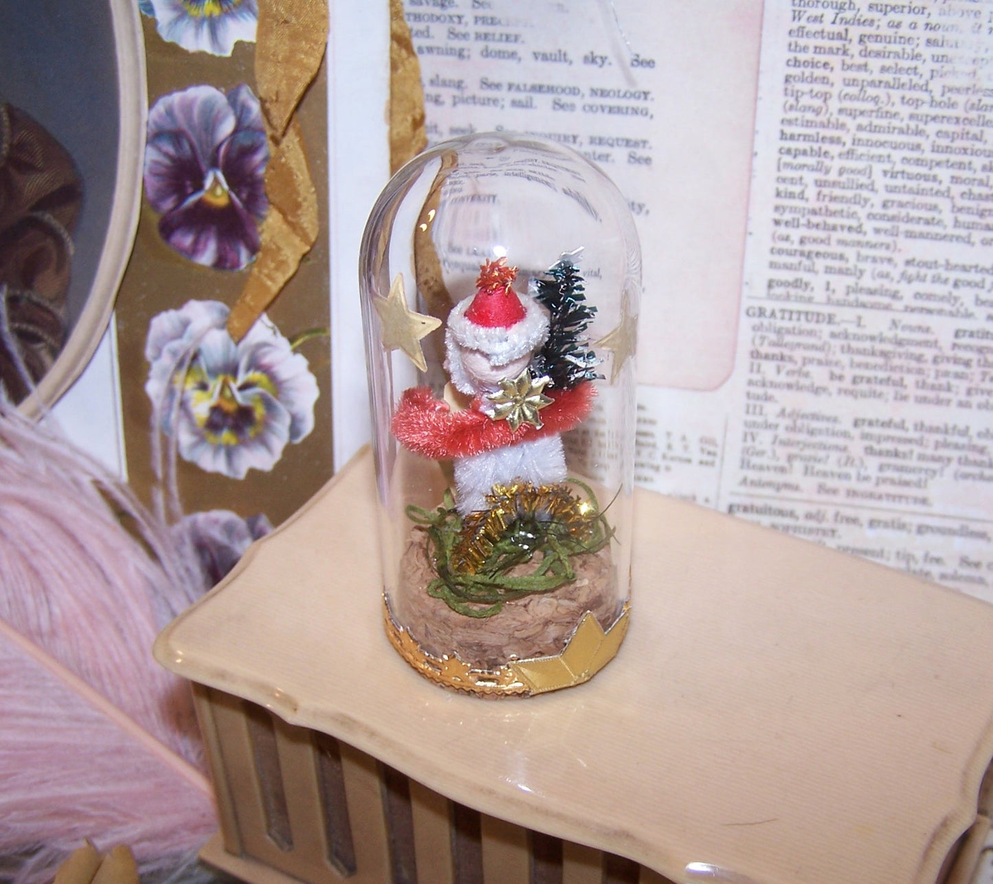 Vintage Japan Chenille Santa Claus Under Glass Christmas Decoration