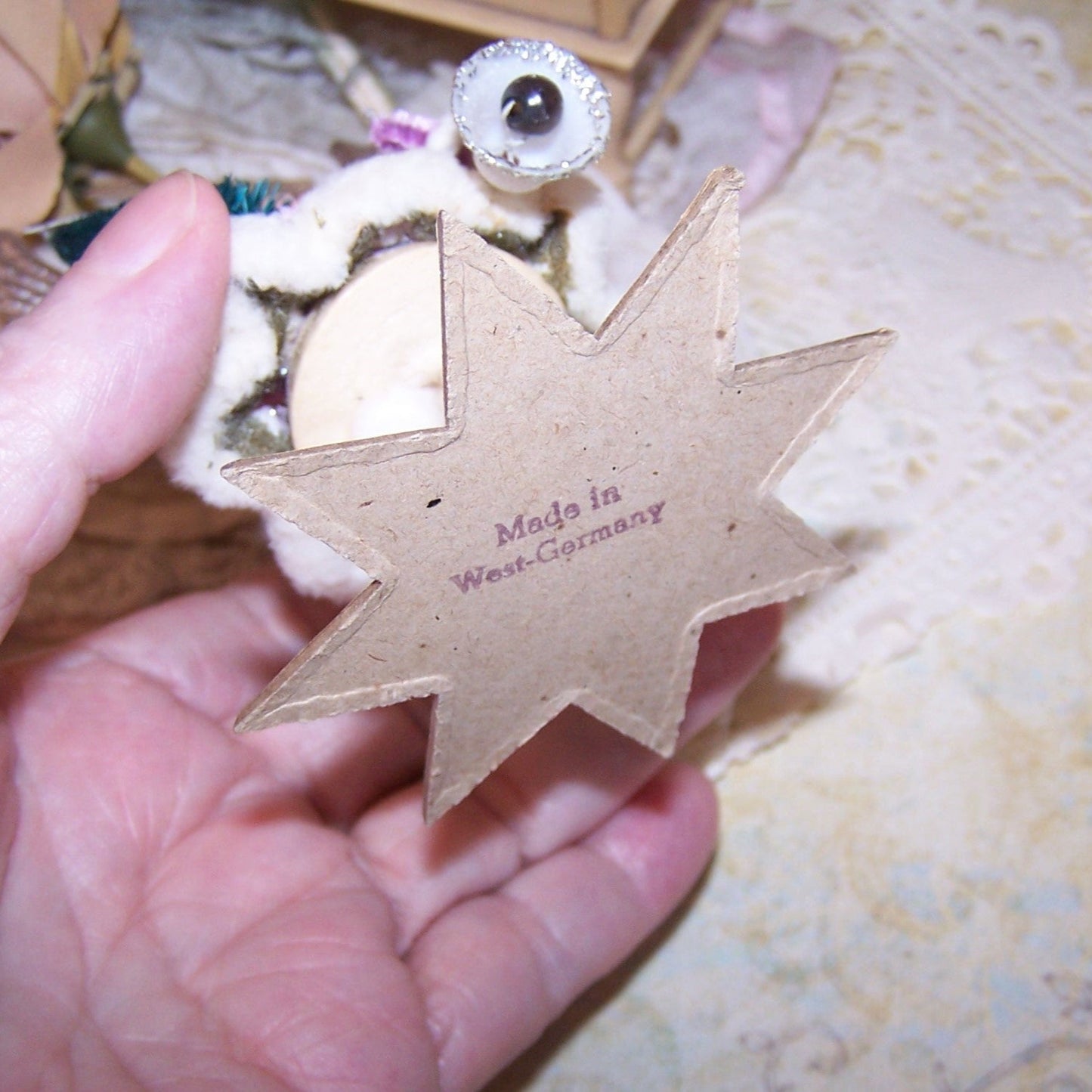 Upcycled West Germany Spun Cotton Christmas Ornament - Winter Angel