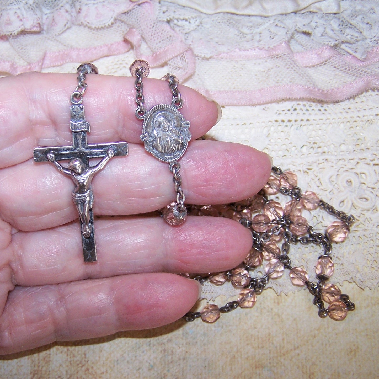 Vintage Sterling Silver Pink Crystal Rosary - Virgin Mary/Sacred Heart of Jesus