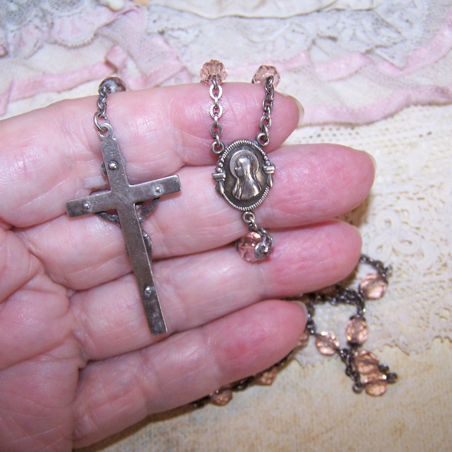 Vintage Sterling Silver Pink Crystal Rosary - Virgin Mary/Sacred Heart of Jesus