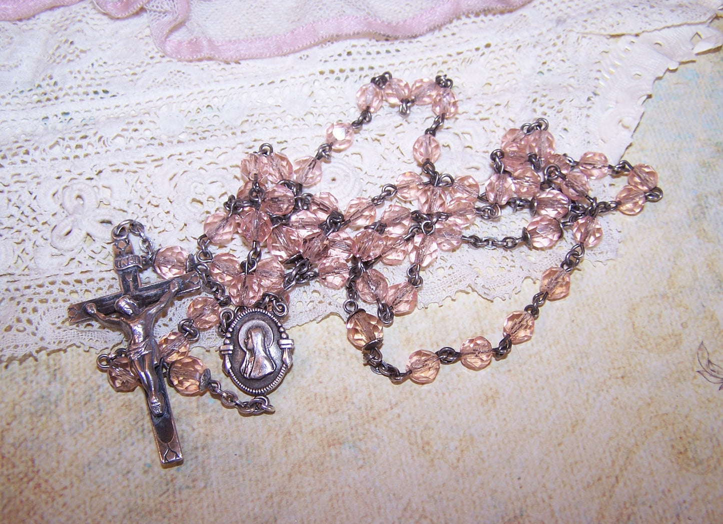 Vintage Sterling Silver Pink Crystal Rosary - Virgin Mary/Sacred Heart of Jesus