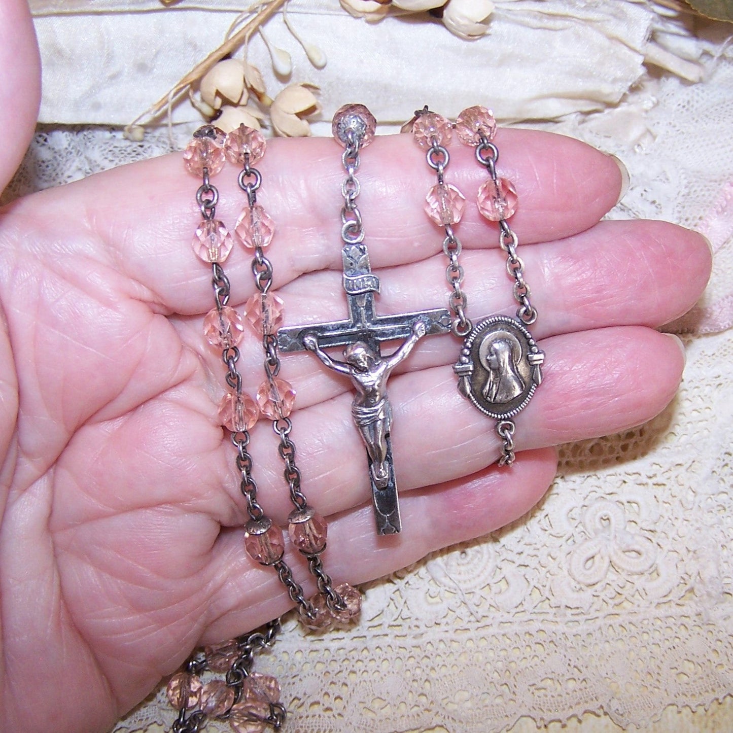 Vintage Sterling Silver Pink Crystal Rosary - Virgin Mary/Sacred Heart of Jesus