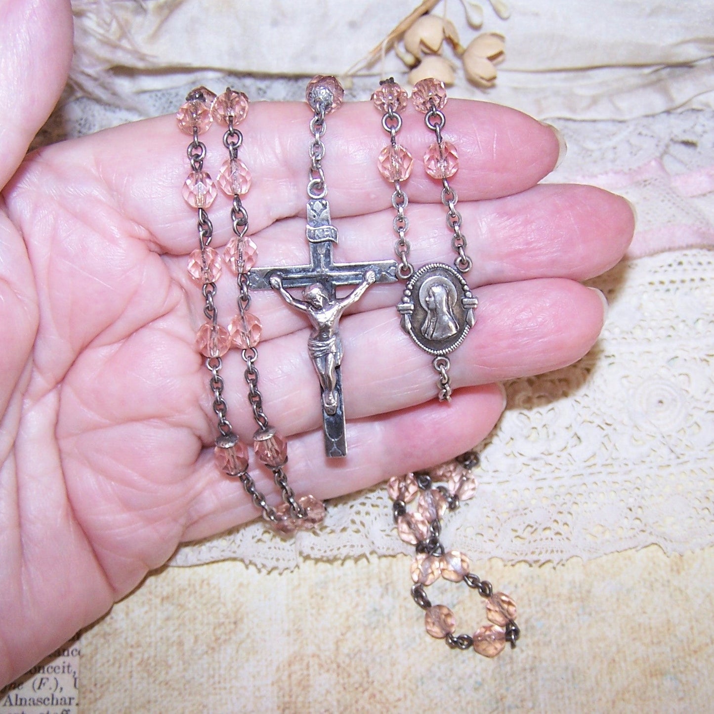 Vintage Sterling Silver Pink Crystal Rosary - Virgin Mary/Sacred Heart of Jesus