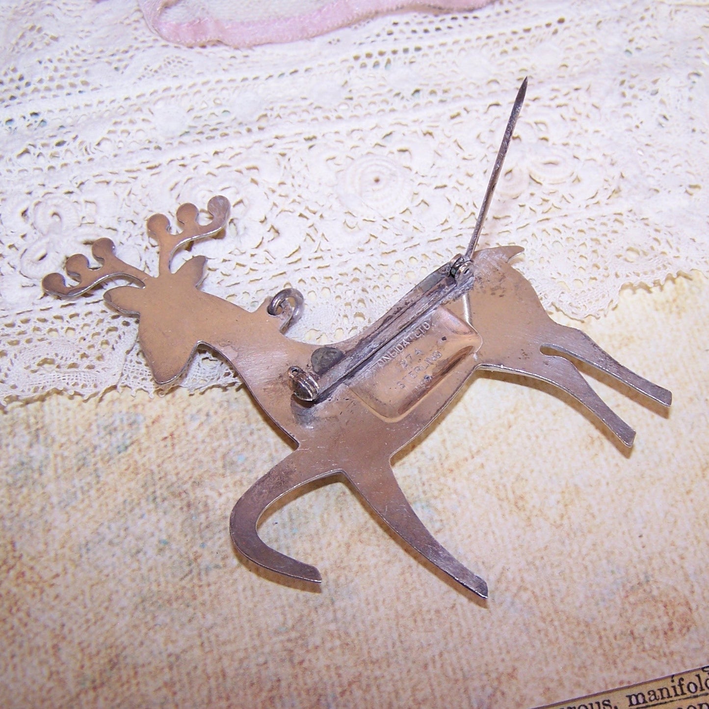 1974 ONEIDA Sterling Silver Pin Brooch - Cupid, One of Santa's Reindeer
