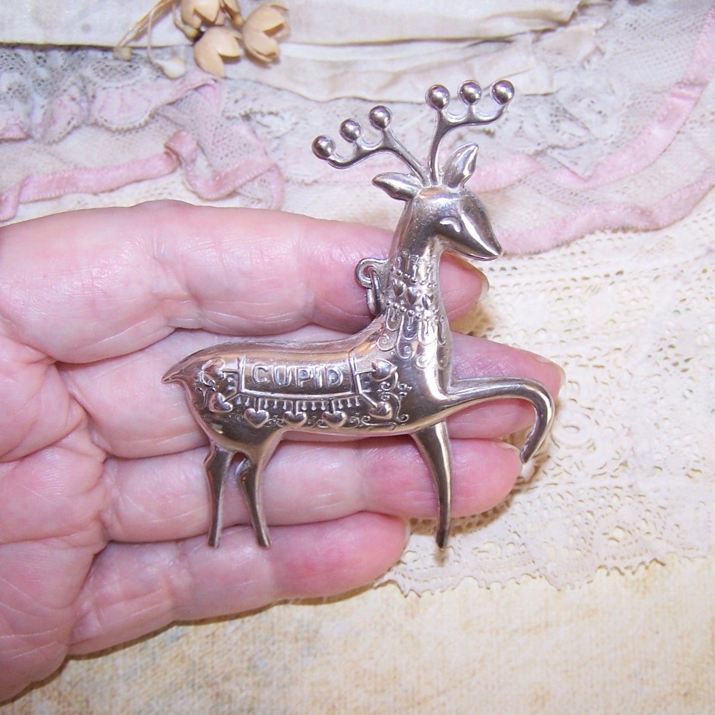 1974 ONEIDA Sterling Silver Pin Brooch - Cupid, One of Santa's Reindeer