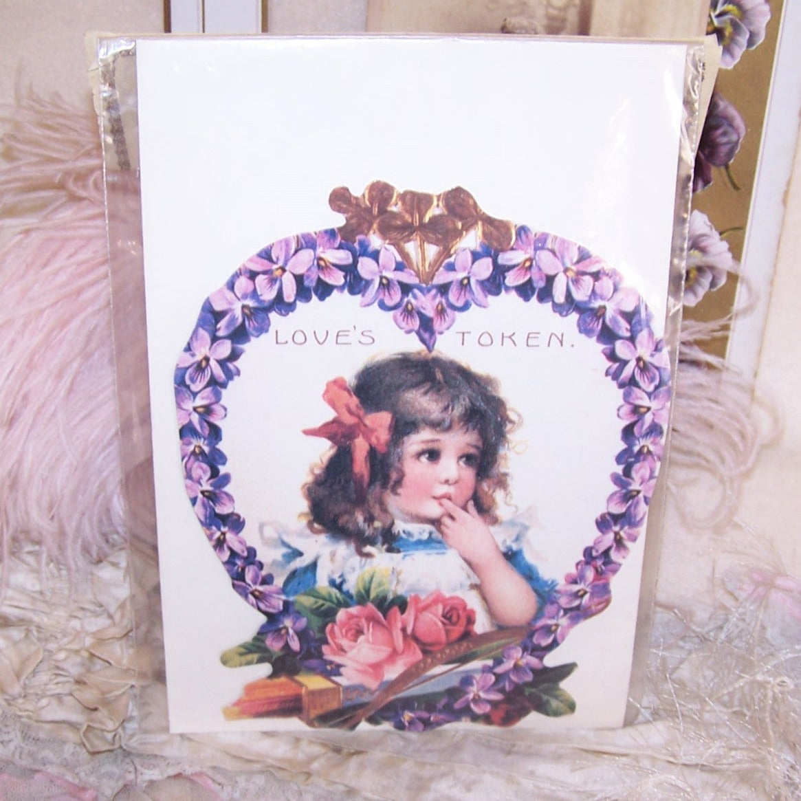 Made in USA, C.1980 Old Print Factory unopened, original package with a Victorian Revival Die Cut Greeting Card for Valentine's Day. Stand-up easel on reverse.