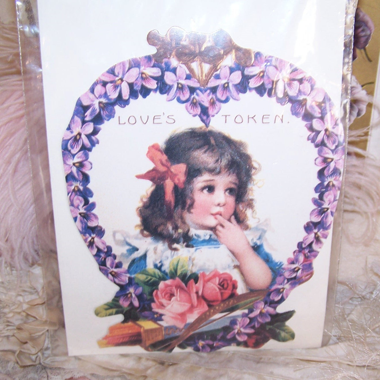 Unopened Old Print Factory Violets & Roses Greeting Card - Love's Token