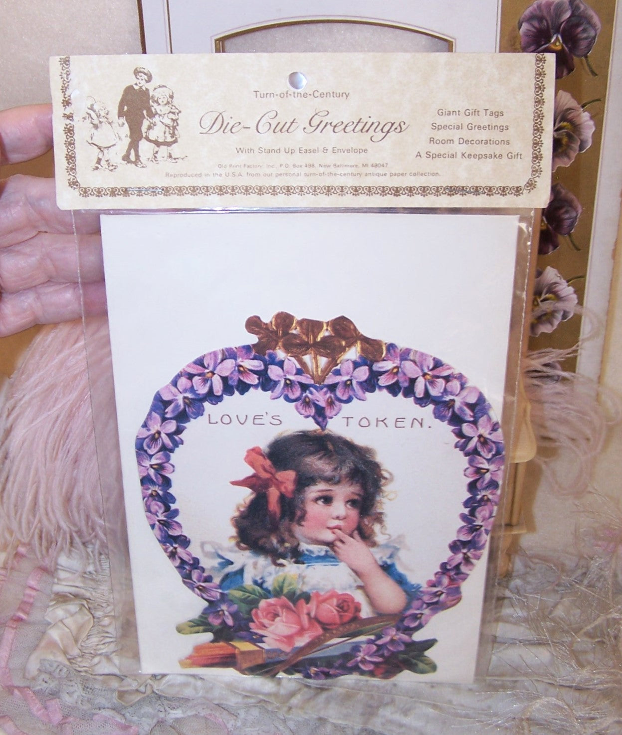 Unopened Old Print Factory Violets & Roses Greeting Card - Love's Token