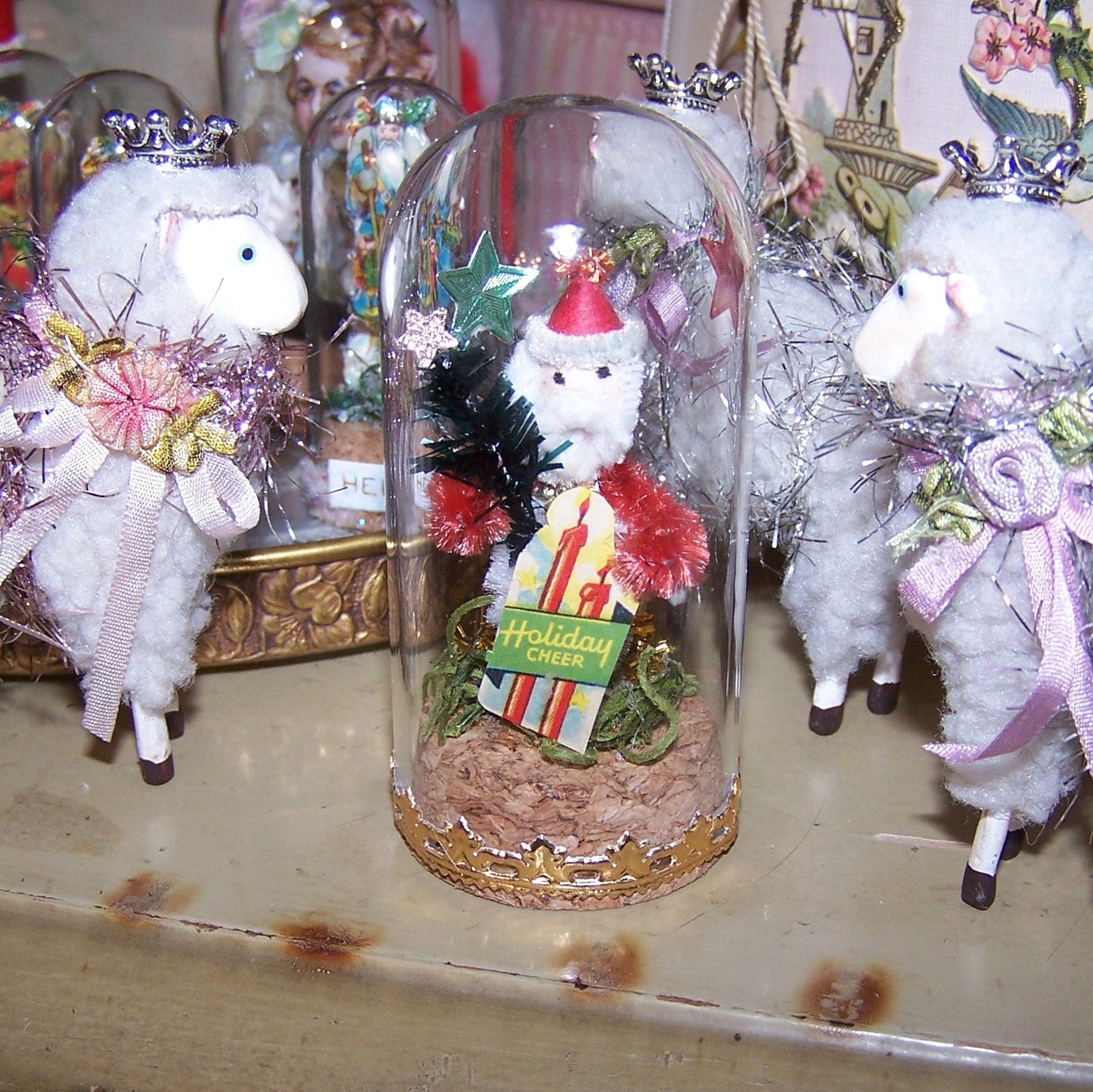 Vintage Japan Chenille Santa Claus Under Glass Christmas Decoration
