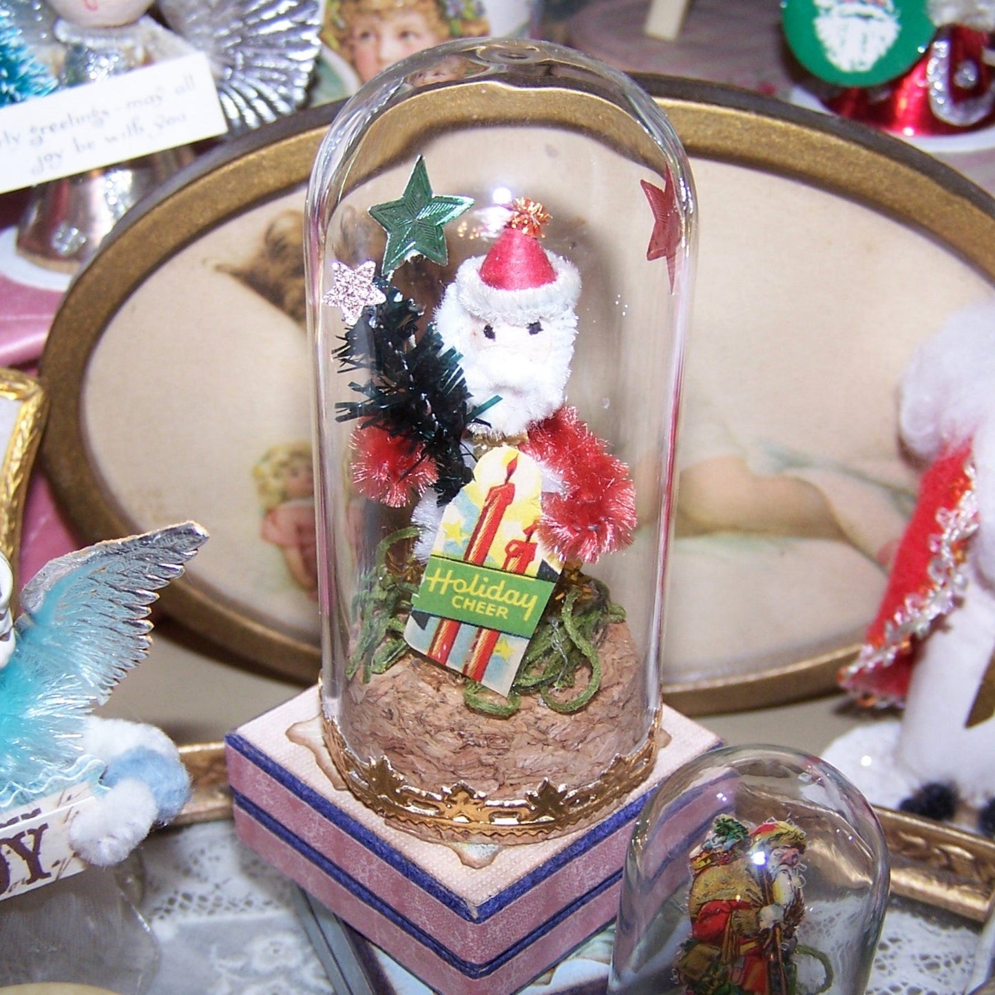 Vintage Japan Chenille Santa Claus Under Glass Christmas Decoration