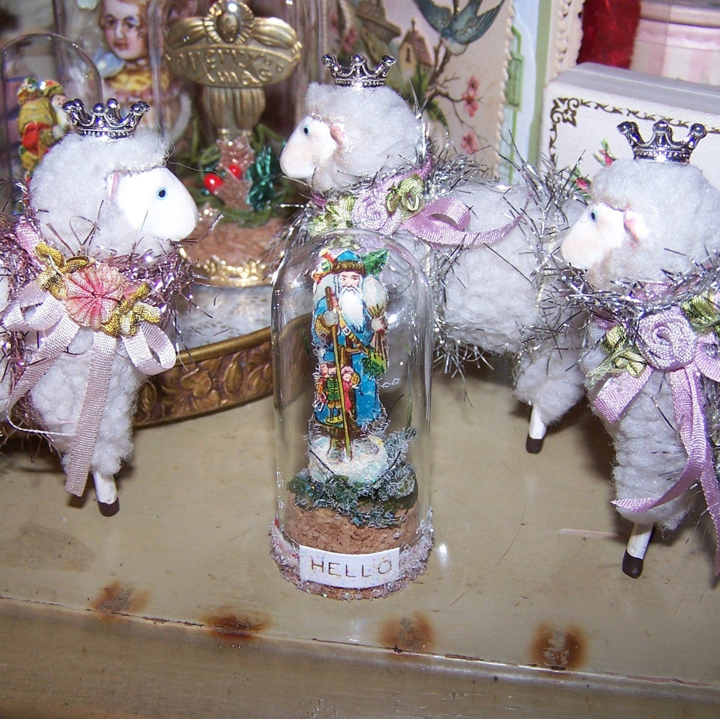 HELLO! Antique Victorian Die Cut Santa Claus Sticker Under Glass Dome