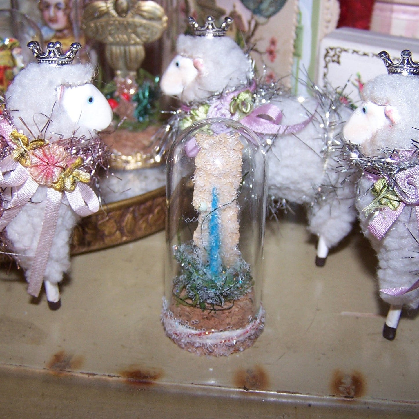 HELLO! Antique Victorian Die Cut Santa Claus Sticker Under Glass Dome
