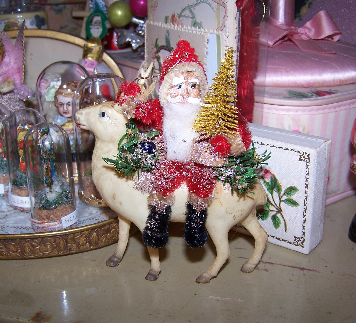 Chenille Santa Claus Christmas Ornament with Art Deco Celluloid Reindeer