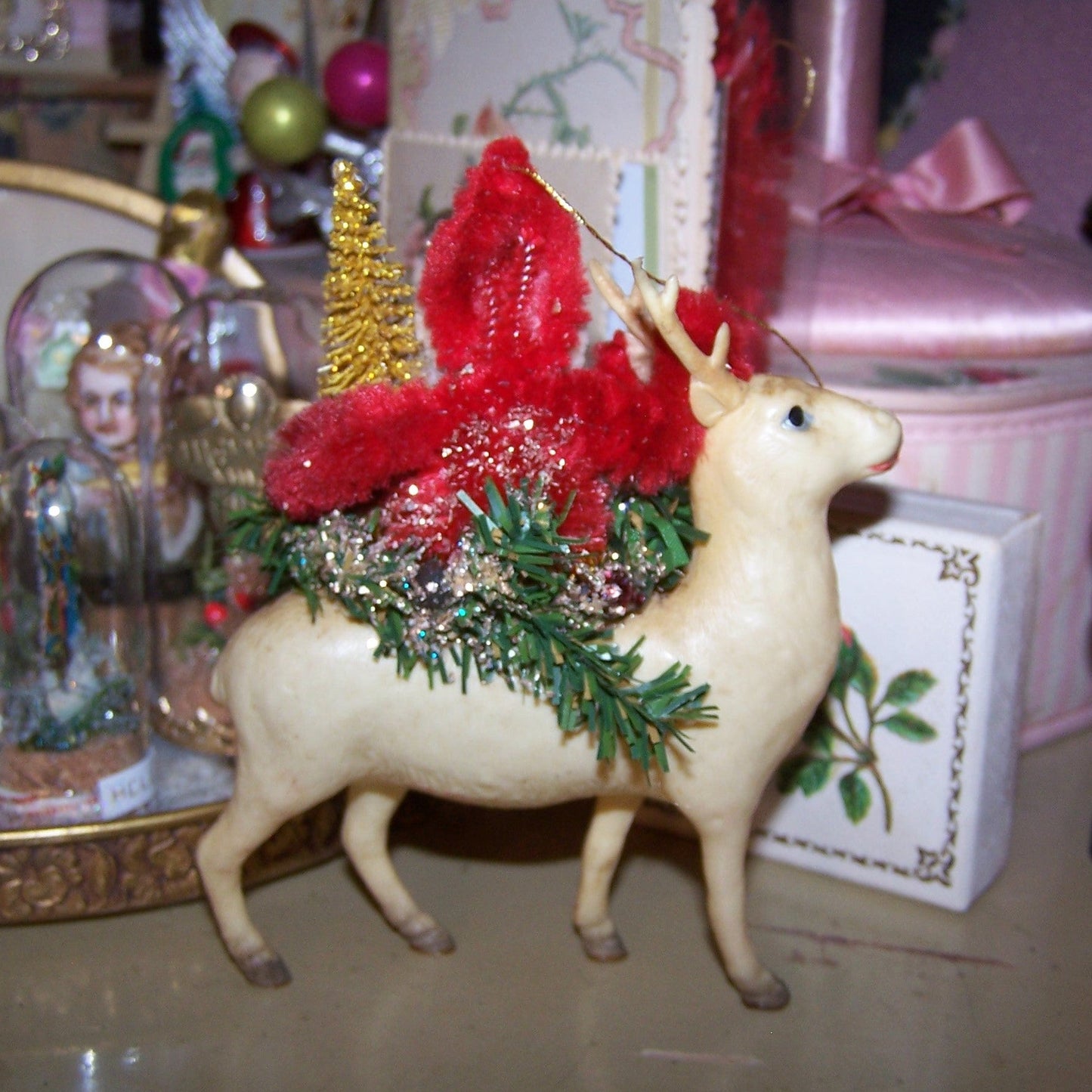Chenille Santa Claus Christmas Ornament with Art Deco Celluloid Reindeer