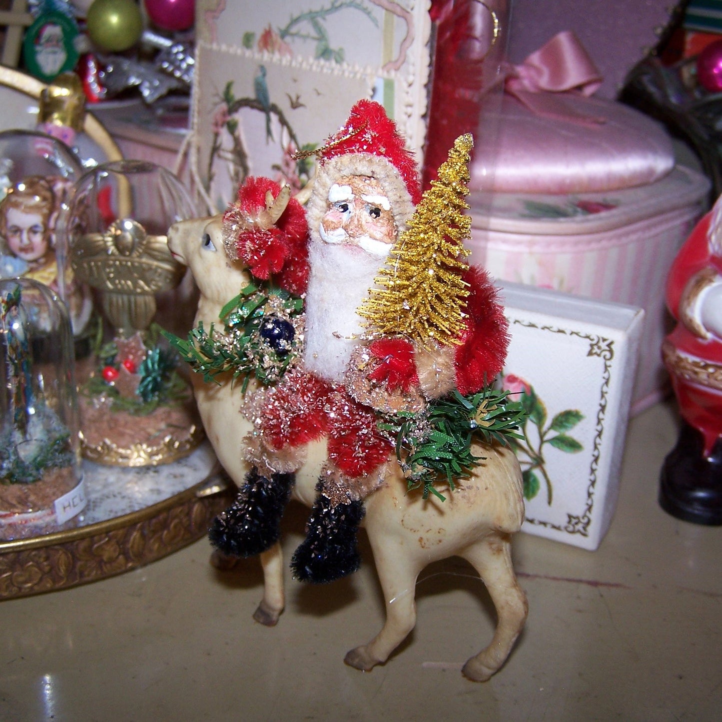 Chenille Santa Claus Christmas Ornament with Art Deco Celluloid Reindeer